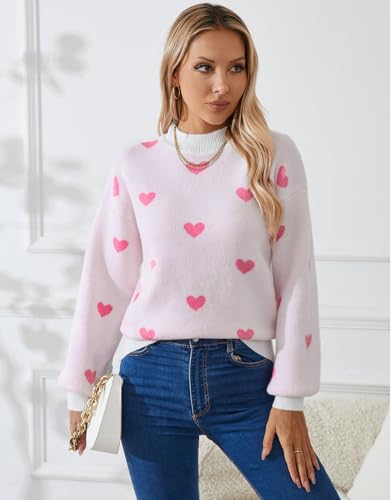 Image of Women's Long Sleeve Mock Neck Sweaters Loose Cute Heart Pullover Sweater