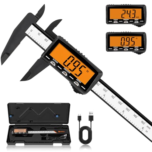 HARDELL Rechargeable Digital Caliper, 6" Plastic Calipers with Large Orange Screen (Non-Backlit), Inch/mm, Auto-Off Micrometer – Everyday Caliper Measuring Tool for Woodworking, (Orange)