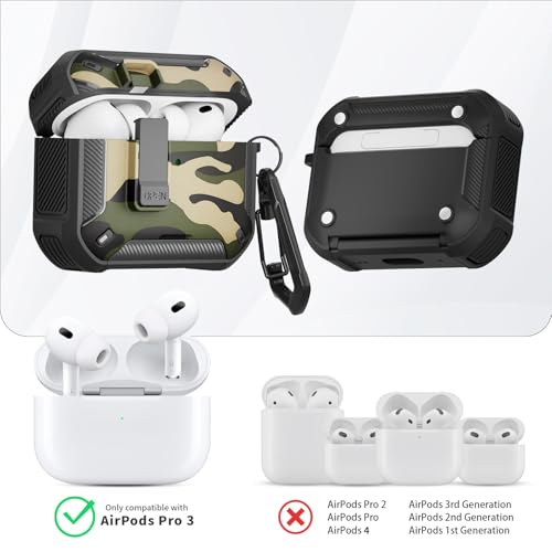 Image of for AirPods Pro 3 Case with Magnetic Lock and Phone Stand, Compatible with Magsafe Charging,with Carabiner&Cleaner kit for Apple iPod Pro 3rd Generation Cover(2025) Men Women (Camouflage Green)