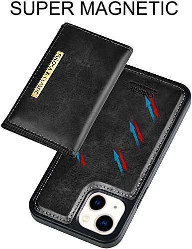 Image of PULOKA Wallet Back Case - Compatible with iPhone 14 Plus - Vegan Leather Phone Cover - Detachable Card Holder Case with Kickstand - Shockproof, Anti Scratch & Raised Edges for Protection - Black