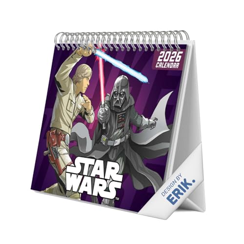 Grupo Erik Calendario sobremesa 2026 Star Wars - Almanaque de mesa 2026 Con espacio para Anotar, Vista Mensual global, Ilustraciones y Base resistente (19,5 x 16,5cm)