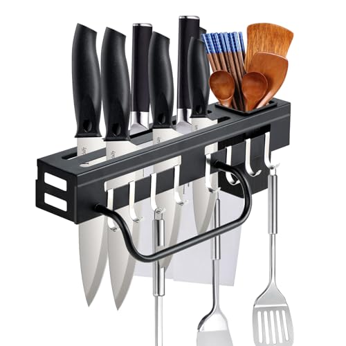 Wenrescry Barra de Cocina para Cuchillos y Utensilios, Soporte de Pared Multifuncional en Acero Inoxidable, Antioxidante con Porta Palillos Desmontable, Instalación sin Taladro