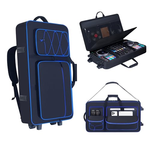 Image of Rolling DJ Controller Case with Wheels Compatible with DDJ-FLX10 / 1000 / 1000SRT / DDJ-GRV6 / REV5 / REV7, Padding DJ Backpack with Adjustable Shoulder Strap and Multi-Pocket for Gear (Blue, with wheels)