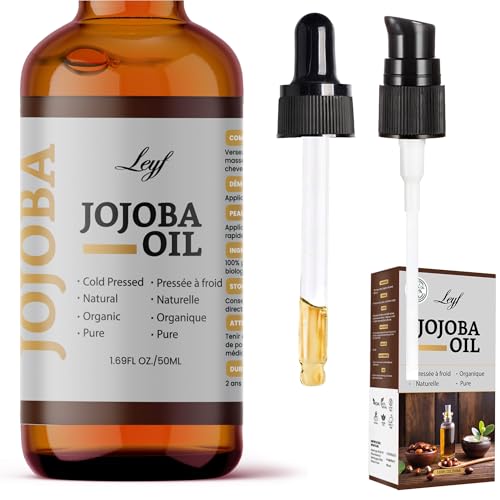Leyf Bio Jojobaöl 50 ml, 100% Rein, Vegan, Körper, Haare, Gesicht, Nägel, Glasflasche + Glaspipette + Pumpe, Feuchtigkeitspflege, Futterspender, Körperöl Straffend