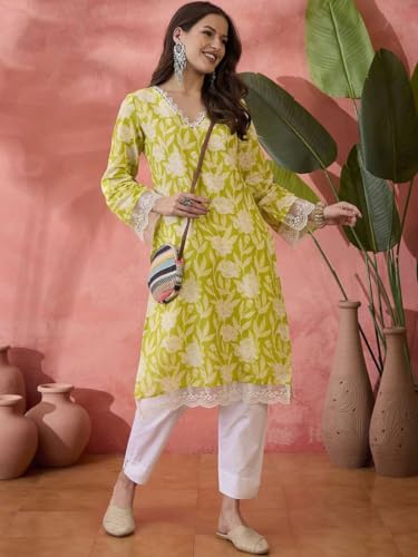 Image of Women's Floral Printed Cotton Afgani Kurta with Lace Detail Full Sleeves