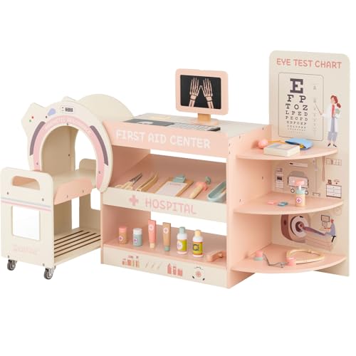 COSTWAY Set Gioco Dottore per Bambini, Medico Giocattolo in Legno con Tabella Oculistica, Macchinario CT e Radiografie, Gioco di Ruolo Medico Educativo con Accessori per Bambini 3+ Anni (Rosa)