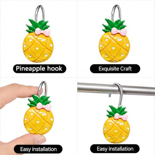 Image of Pineapple Shower Curtain Hooks Set of 12, Cute Tropical Resin Decorative Hooks for Bathroom Curtain Rings, Fruit Theme Home Bathroom Decor Accessories
