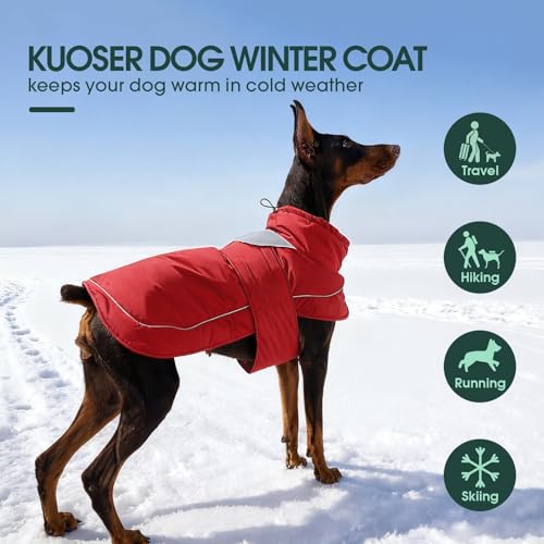 Kuoser Hundemantel Hundejacke, Warme Hundejacke für Große Hunde, Wasserdicht, Mit Reflektierendem Streifen & Leinenöffnung, Leichtes Anziehen durch Klettverschluss, Rot 2XL