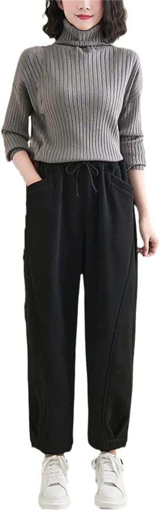 KEHAIOO Winter Warm Fleece Thick Oversize Loose Casual Trouser Women Solid Color Elastic Waist Sweatpants