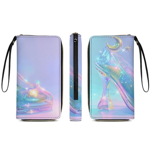 Womens Leather Wallets Star Glass Slippers Wallet for Women Large Capacity Card Phone Holder Ladies Purse with Wriststrap3