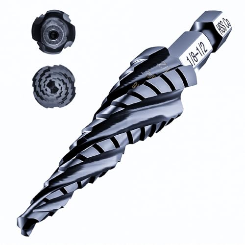 Image of toolant Four Spiral Flute Cobalt Step Drill Bit(Pro), 1 /8 inch-1 /2 inch Impact Ready Unibit Step Drill Bit, 1 /4 inch Hex Shank Unibit for Metal, Stainless Steel, Aluminum, Plastic
