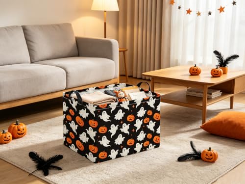 Image of Halloween Basket Cute Baskets for Kids Pumpkin Basket Rectangular Storage Bin Organizer Box Room Decor(Black Ghosts)