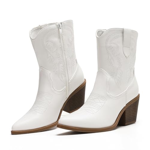 Putu Cowboy Ankle Boots for Women Western Booties with Embroidery Detail
