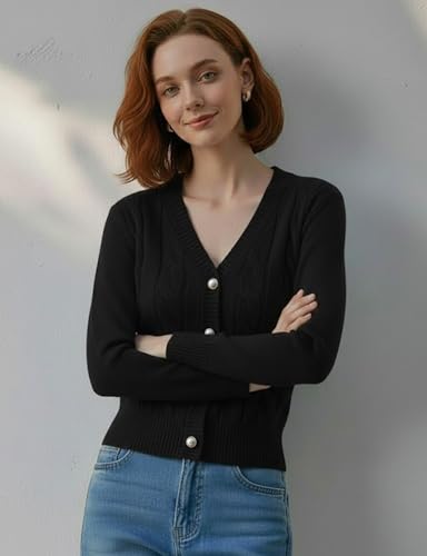Image of Women's Casual Slim Fit Cardigan Sweaters Long Sleeve Button Down Lightweight Waist Length
