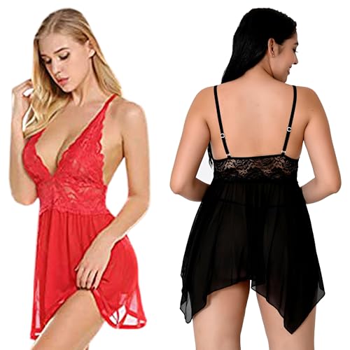 Image of Net Lace Women`s Babydoll Lingerie Dress for Honeymoon Night S-3XL