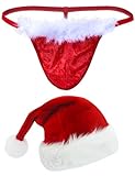 Men's Christmas Velvet Underwear Santa Jock Strap Thong G String Panties 2 Pieces Xmas Red Briefs and Snowman Hat with White Fluffy Fur
