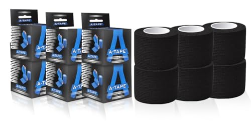 Image of A-Tape Breathable Self Adhesive Cohesive Bandage Wrap - Athletic Non-Woven for Sports, Medical Use, Injuries, Knee & Wrist Support - Suitable for Humans & Pets (Black, 5cm Pack Of 6)