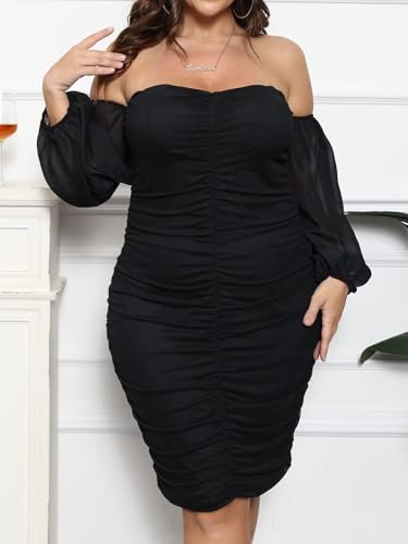 Image of EDITCOZY Women Plus Size Dresses Curvy Off Shoulder Long Sleeve Cocktail Wedding Guest Bodycon Club Midi Dress