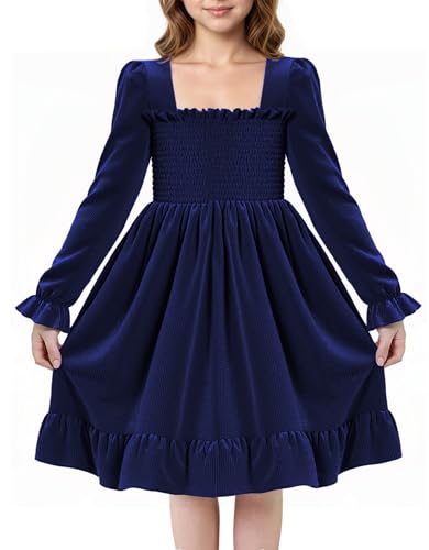 JiAmy Toddler Velvet Dress Girls Puff Long Sleeve Smocked Square Neck Fall Winter Casual Dresses Navy Blue 1-2Y