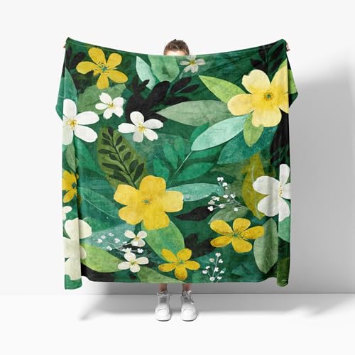 Kuscheldecke Flauschig Weiche Flanell Fleecedecke XL 130x150 cm - Aquarellpflanzen Und Blumen Wohndecke Warm Sommerdecke Sofadecke, GrüN Tagesdecke für Erwachsene Kinder Schlafzimmer