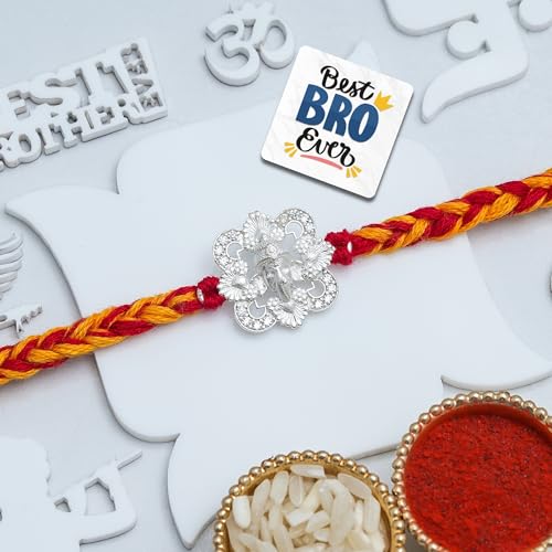 Image of eCraftIndia Silver Ganesha Rakhi for Brother Bhaiya Bhai with Best Bro Ever Fridge Magnet | Roli Chawal Pack