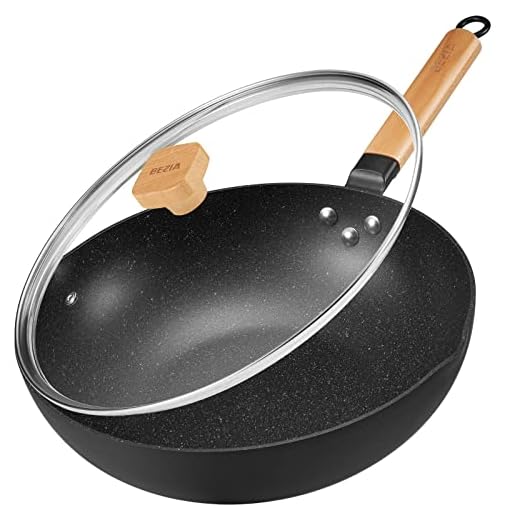 BEZIA Inductions Wok with Lid, 12 inch Non-stick Wok Pan, Stir-Fry Pan with Wooden Handle, Easy Cleanup ＆ Ovensafe, For All Hobs