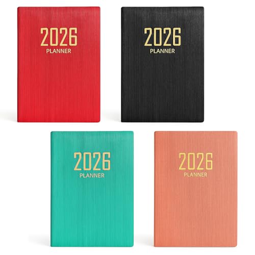 kelav Agenda 2026 A7 Mini Diario 4 Piezas, 10.6 × 7.8cm PU Agenda Diaria A7 Semana Vista, 120 Páginas Planificador Diario, Cuaderno de Bolsillo Pequeño para Oficina Viajes
