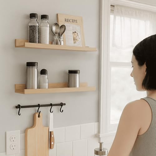 Mifurn Floating Picture Ledge Shelves, 2-Pack Wall Mounted Book Shelf for Nursery & Kids Room, Floating Shelves for Wall Photo Frames with Lip, Living Room or Bedroom, 16inch, Oak Mifurn Floating Picture Ledge Shelves, 2-Pack Wall Mounted Book Shelf for Nursery & Kids Room, Floating Shelves for Wall Photo Frames with Lip, Living Room or Bedroom, 16inch, Oak