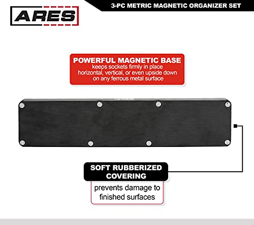 Image of ARES 60036-3-Piece Set Metric Magnetic Socket Organizer - Blue - Includes 1 /4 in, 3 /8 in, 1 /2 in Socket Holders - 75 Pieces of Standard (Shallow) and Deep Sockets - Keeps Your Tool Box Organized
