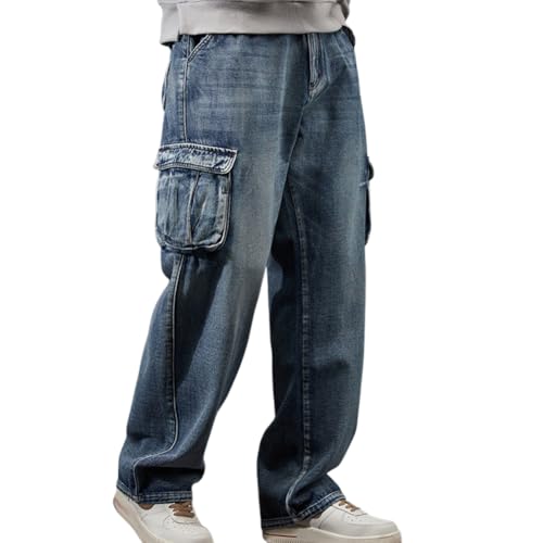Men Loose Cargo Jean with Multi Pockets Straight Wide Leg Jean Casual Baggy Pants 28-44