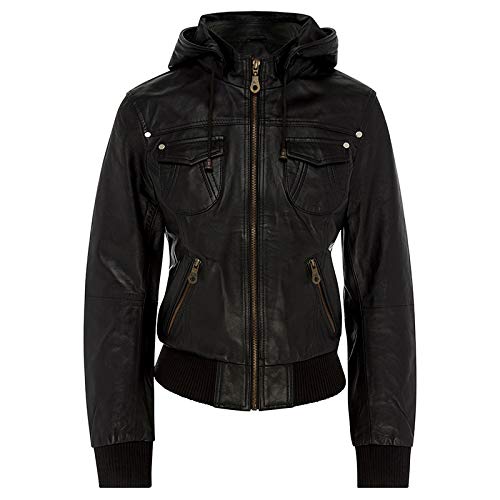 Women's Genuine Leather Bomber Biker Jacket With Hood