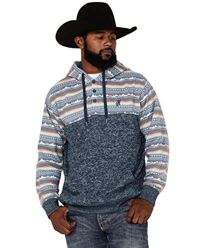 HOOEY Men's Southwestern Print Landscape 1/4 Button Hooded Pullover Navy XX- US