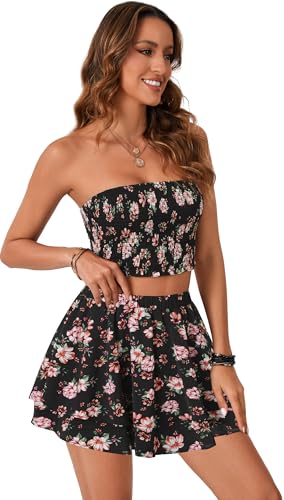 Rooscier Women's 2 Piece Floral Print Sleeveless Tube Crop Tops and Ruffle Layered Mini Skirt Set4