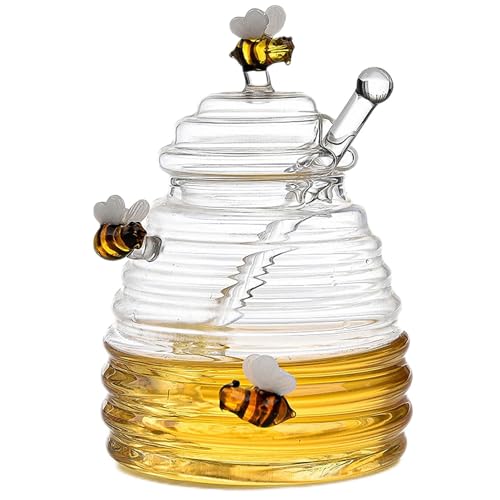 Tuxxjzm Honey Jar With Spoon And Lid | 400 Ml Glass Honey Pot With Dipper | Honey Bee Pot | Glass Beehive Honey Pot | Glass Honey Dispenser Glass Container For Home Kitchen