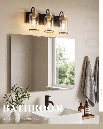 Image of Beionxii 3-Light Bathroom Light Fixtures, Blac and Gold Vanity Lights with Clear Glass Shades, Vanity Lights Over Mirror, Wall Sconces for Kitchen Living Room Hallway Cabinet Porch, BX-VL01BKG-3CG