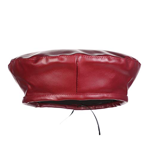 Women Adjustable Flat Top Beret Solid Color PU Leather Painter Hat Stylish Artist Hats for Female Wine Red