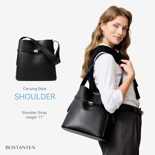 Image of BOSTANTEN Vegan Leather Purses for Women Quiet Luxury Shoulder Bucket Bag | Soft Luxury Tanned Leather, Include Drawstring Pouch, Front Belted Design, Fixed Wide Strap, for Everyday Office Weekend