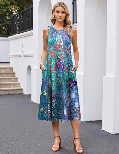 Image of HOTOUCH Summer Casual Dresses for Women Sleeveless Midi Dress Swing Tank Sundress Pleated Tshirt Dress with Pockets