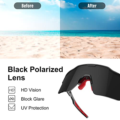 Haayot Polarized Cycling Glasses,Sports Sunglasses For Men Women,Baseball Biking Running Fishing Sunglasses With 5 Interchangeable Lenses Black Red #TOP2