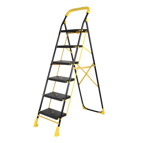 Image of Parasnath 6-Step Yellow Diamond Steel Foldable Ladder | Wide Anti-Skid Plastic Steps for Extra Grip, 6.2 FT Step Ladder, 6-Year Manufacturer Warranty, Made in India