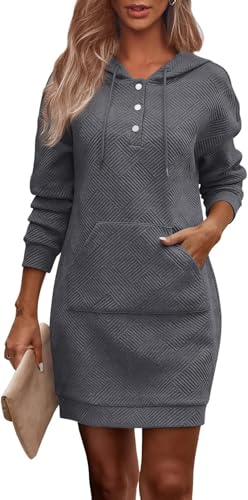 TrendiMax Damen Hoodie Kleid Herbst Übergangs Kapuzenpullover Sweatkleid Textur Knopf Langarm Sweatshirt Kleid mit Kapuze (M, Kohlengrau)