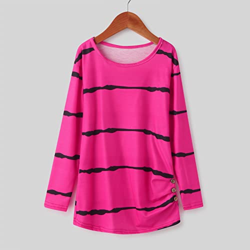 Teen Kids Long Sleeve T Shirts Crewneck Tunic Tops Little Girls Casual Button Striped Tee Blouses Fall Clothes(Hot Pink,4-5 Years)3