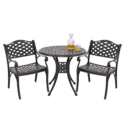 NUU GARDEN 3 Piece Outdoor Cast Aluminum Bistro Table Set Rustproof Table and Chairs with Umbrella Hole for Backyard, Balcony, Front Porch, Black