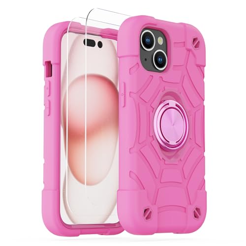 KCJ Compatible with iPhone 15 Case with[2×Screen Protectors+1xLens Protector][Ring Stand] Soft Silicone+Hard PC Full Body Protection Phone Shell Durable Rugged Case for iPhone 15 6.1