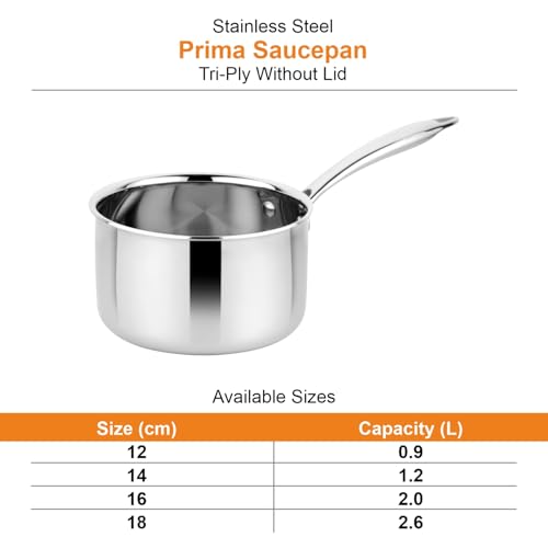 Image of Prabha Prima Saucepan without Lid, Stainless Steel, Kitchen Sauce Pan Utensils, 12cm, 0.9L, Sauce Pan Container, Induction & Gas Stove Suitable, teapan, milkpot, milkpan, egg /milk /water boiler chaipan