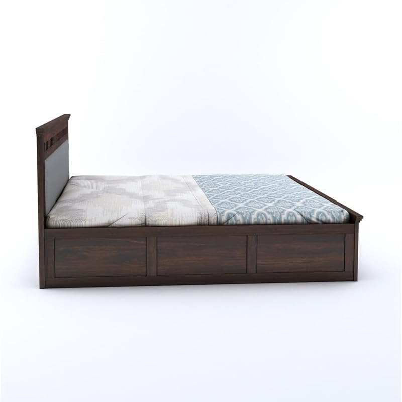 Image of Amazon Brand - Solimo Solid Sheesham Wood Kuber Queen Size Upholstered Bed with Box Storage + 2 Bedside | Wooden Queen Size Cot Bed | Double Bed with 2 Bedside Furniture for Bedroom (Walnut Finish)
