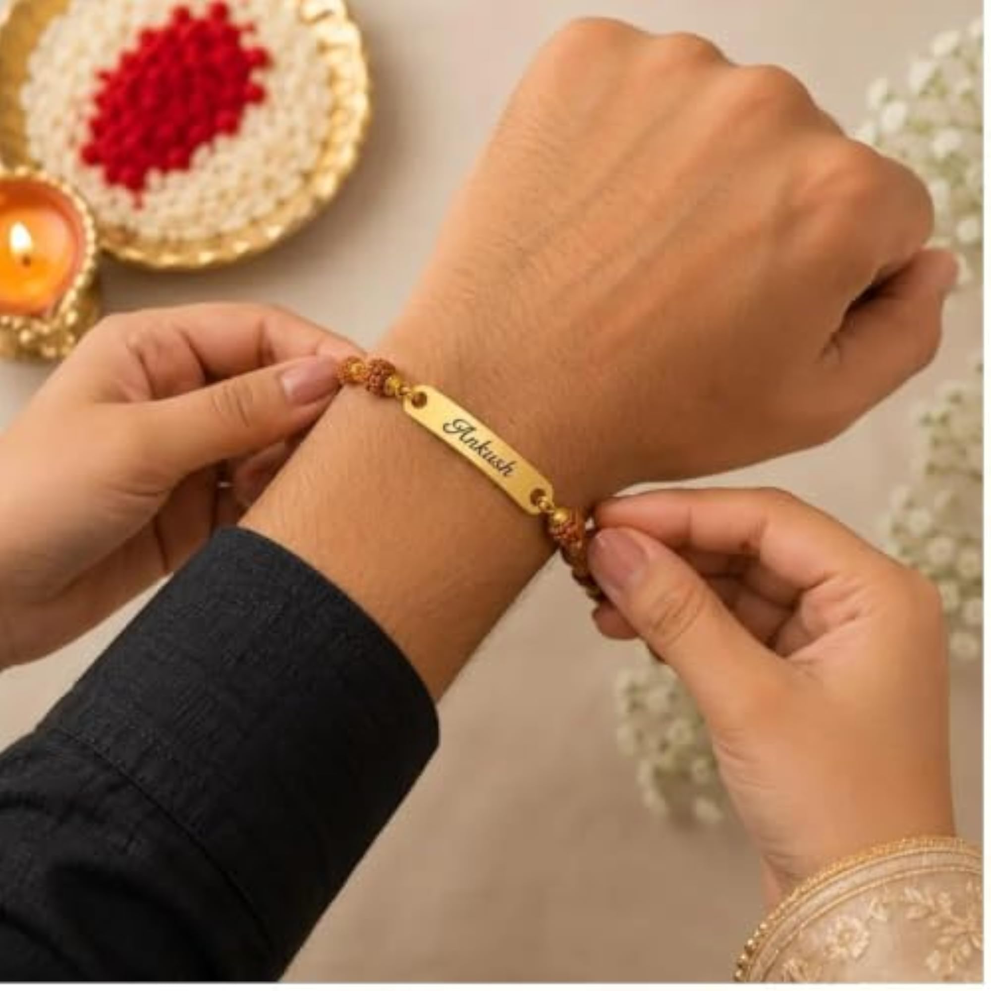 Personalized Metal Rakhi Bracelet for Brother with Rudraksha Beads