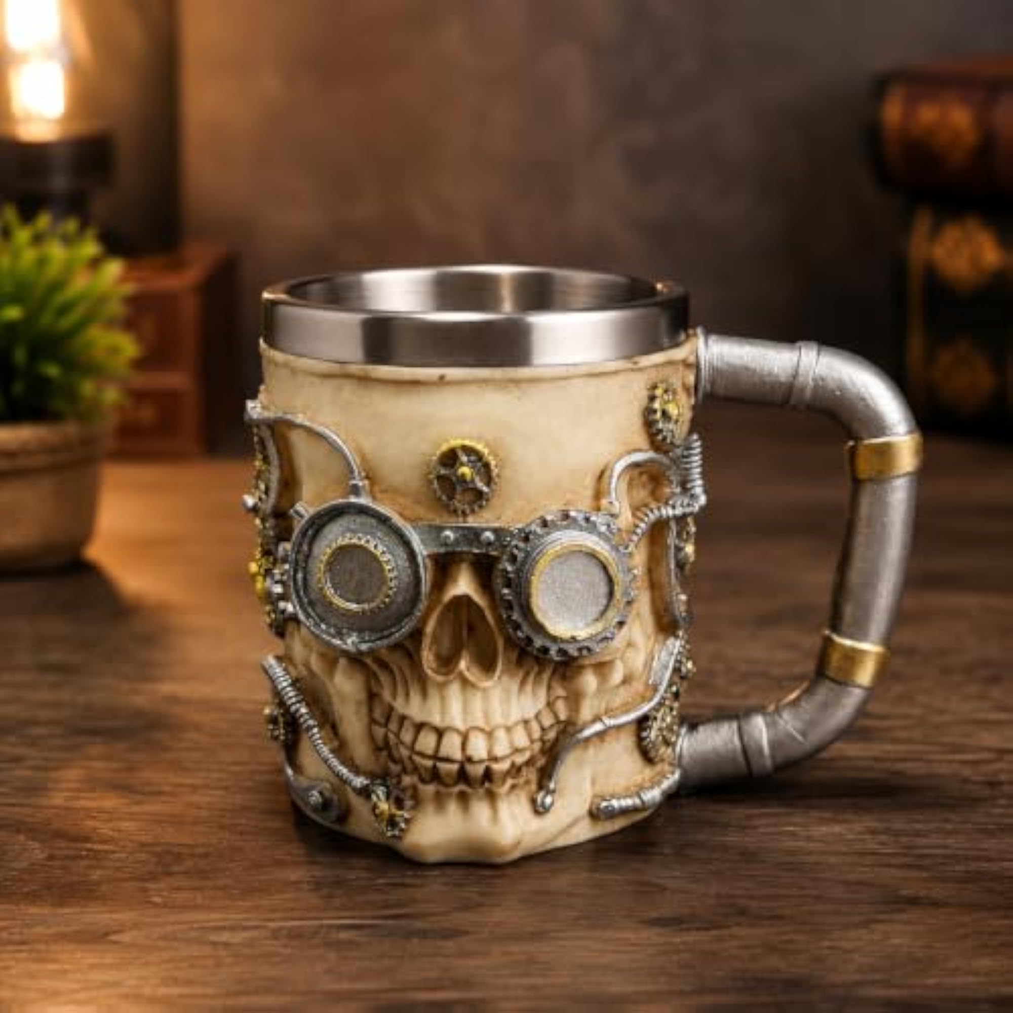 Premium Steampunk Skull Tankard Mug with Gear & Goggle Design