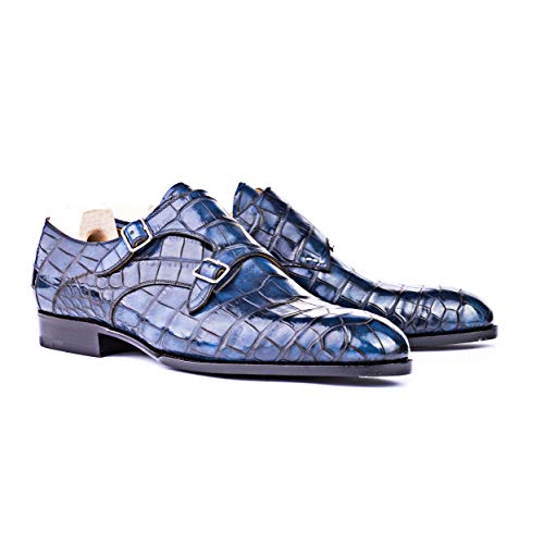 Costoso-Italiano-Goodyear-Welted-Tendring-Mens-Blue-Croc-Print-Leather-Formal-Slip-On-Buckle-Monk-Strap-Shoes-with-Violin-Leather-Sole