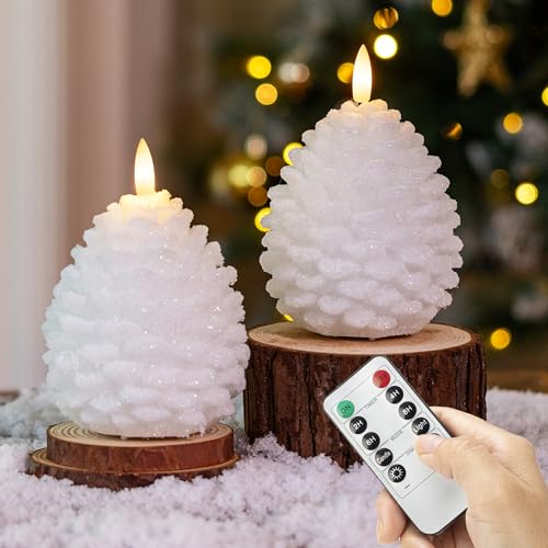 AFINETH Christmas Flameless Pinecone Candles with Remote, Real Wax Battery